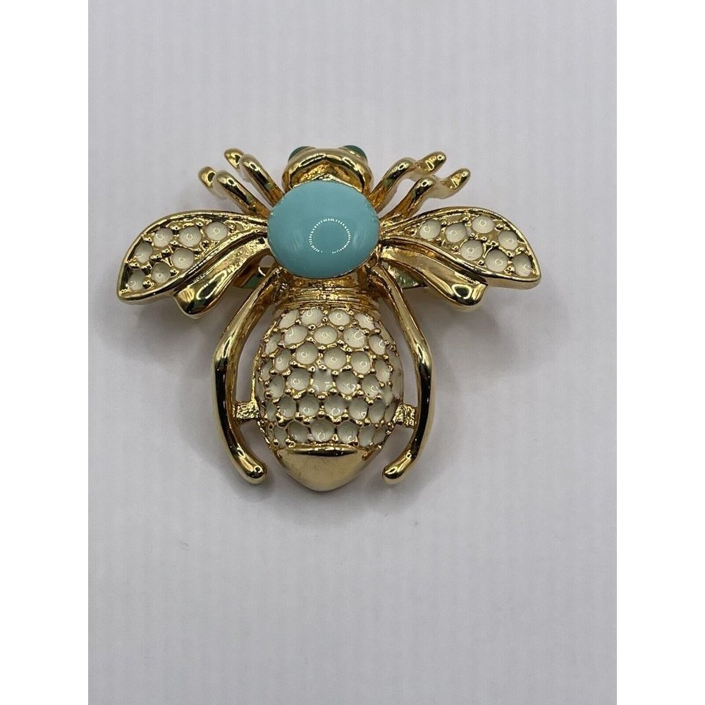 turquoise white rhinestone gold tone large brooch pin bee